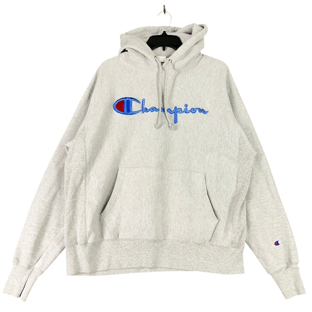 Vintage Y2K Champion Reverse Weave Hoodie Large‎ Gray Embroidered Script Logo